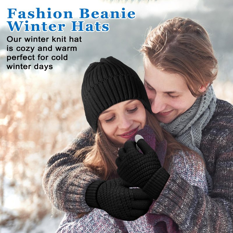 Syhood 6 Pieces Men Beanie Winter Hat Gloves Set, Winter Knitted Hats Thick Warm Knitted Skull Cap Touchscreen Gloves Unisex(Black,Navy Blue,Dark Gray)