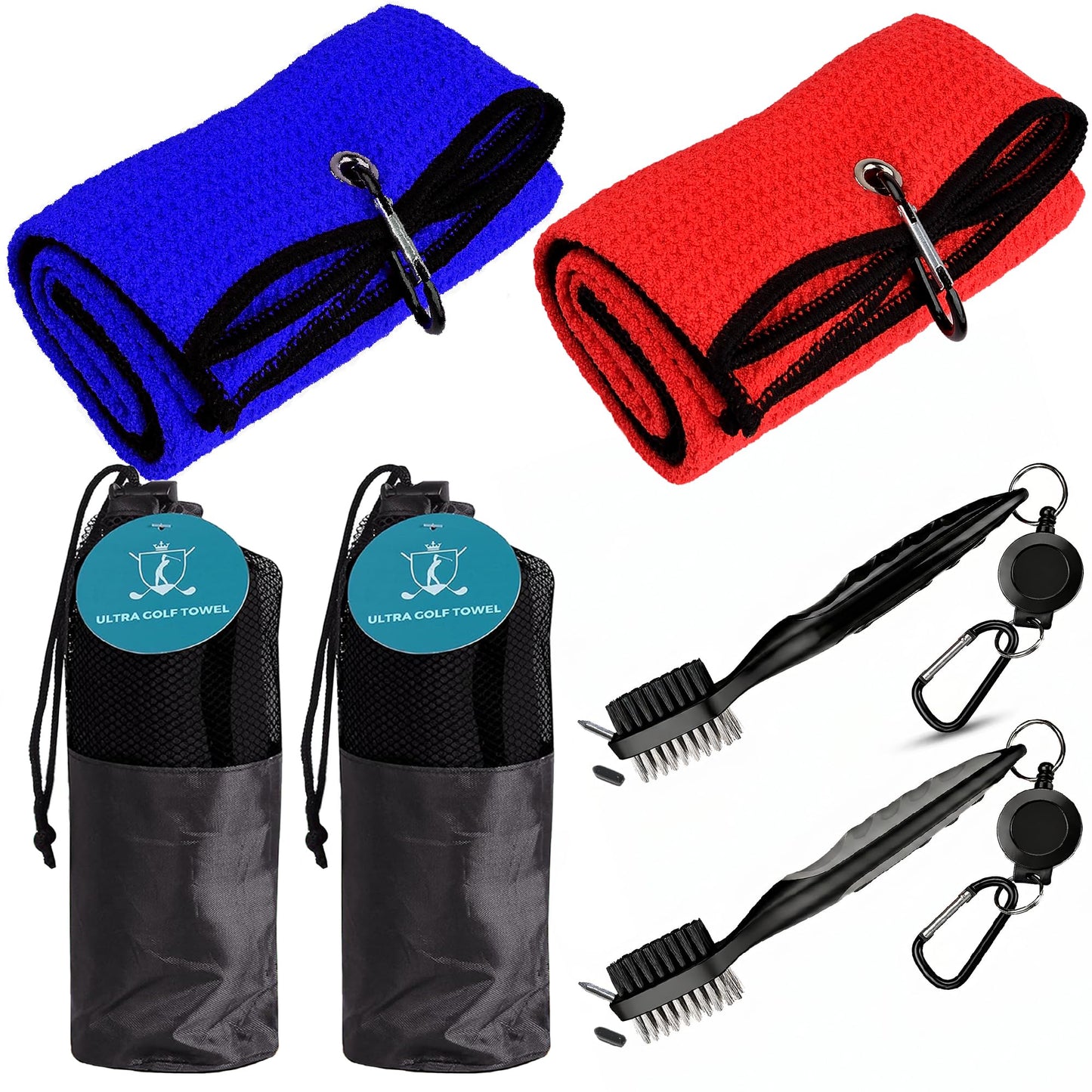 2-Pack Golf Towel & Club Brush Set – Microfiber Waffle Towels + Retractable Groove Cleaners – Bonus Carry Pouch – Lint-Free & Fast Drying (Red and Blue)