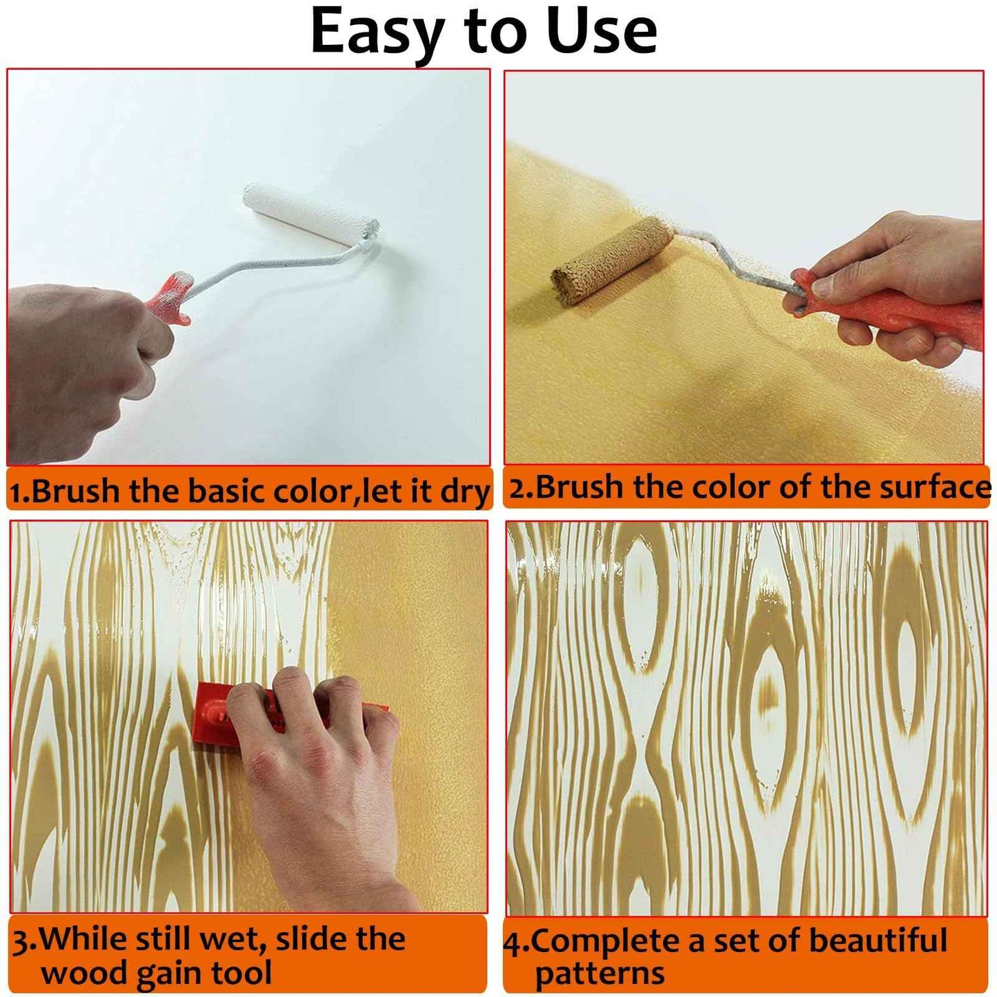 Wood Graining Tool Set, 6pcs 7" Fake Wood Grain Roller Rubber Graining Tool Paint Look Like Wood DIY Painting Tool with Handle for Walls Room Art Paint Decoration