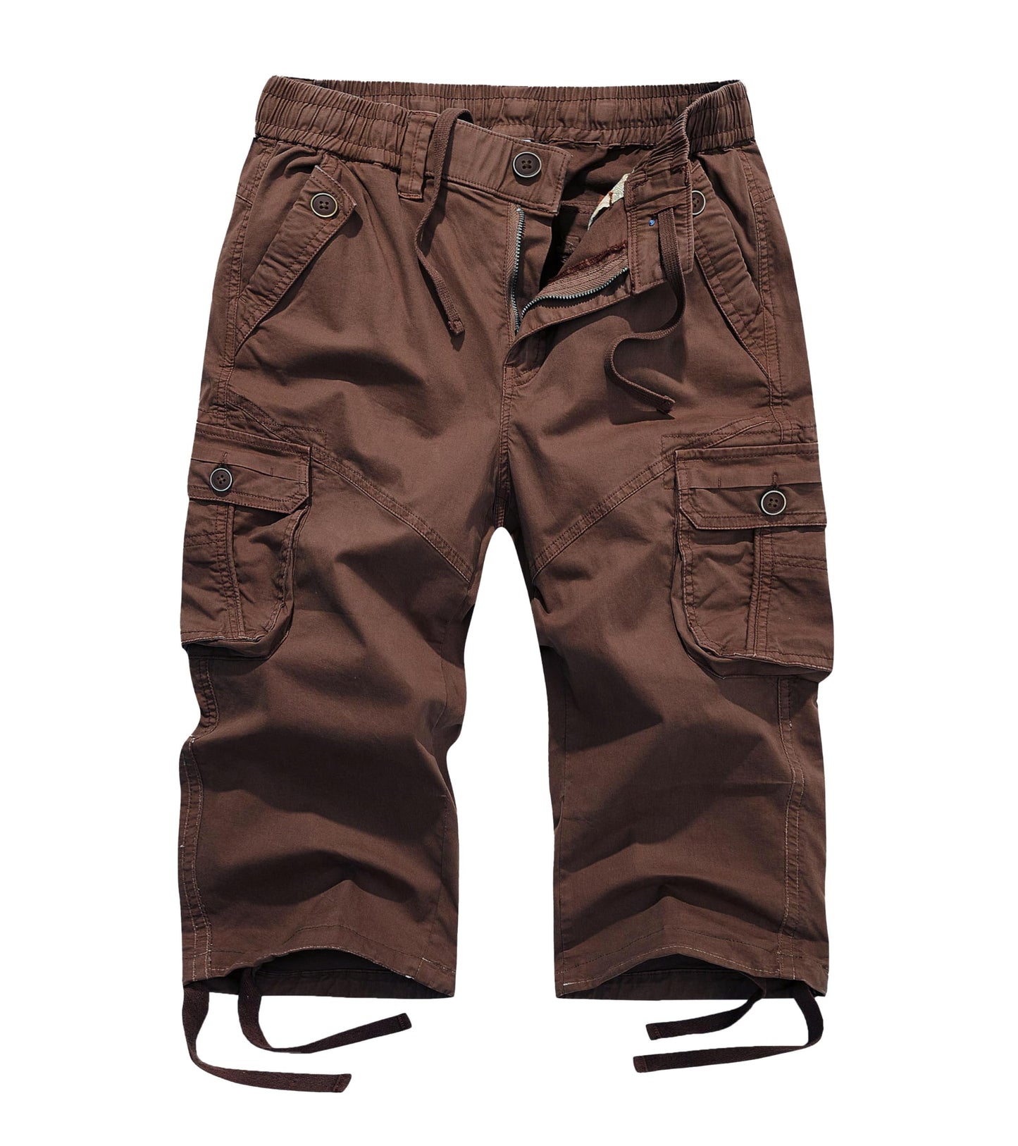 FOURSTEEDS Women's Mid Rise Capri Hiking Shorts Drawstring Multi Pocket Cargo Shorts Elastic Waist Cropped Cargo Pants Coffee M