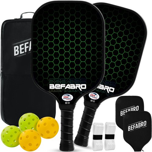 BeFabro Pickleball Paddles Set of 2 | USAP Approved Fiber Glass Pickleball Rackets with Spin Surface, Pro Power & Honeycomb Core - 4 Pickleballs, 2 Paddle Covers, Grip Tape & Bag for Pro & Beginner