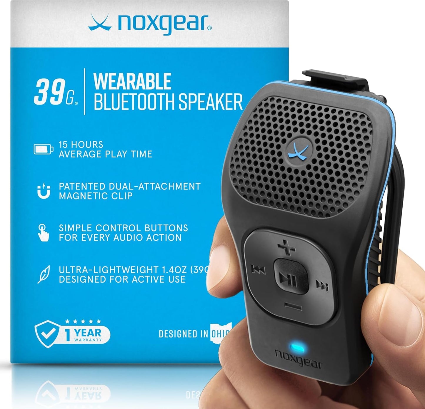 Noxgear 39G Wearable Bluetooth Speaker - Magnetic Clip-On, Waterproof, 15 Hours Playtime | 100ft Range, Microphone