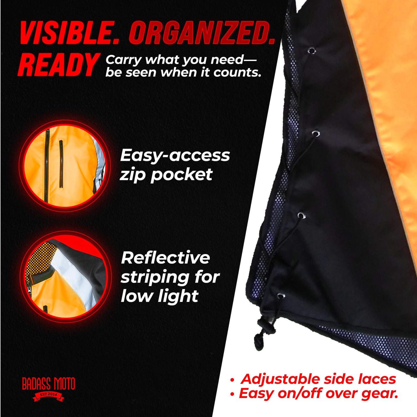 Badass Moto Motorcycle Safety Vest. Orange Motorcycle Reflective Vest with Pockets. High Visibility Biking Gear for Men and Women. Stylish Hi Vis Gear Gifts for Harley Davidson Riders, ATV Riding. 3XL