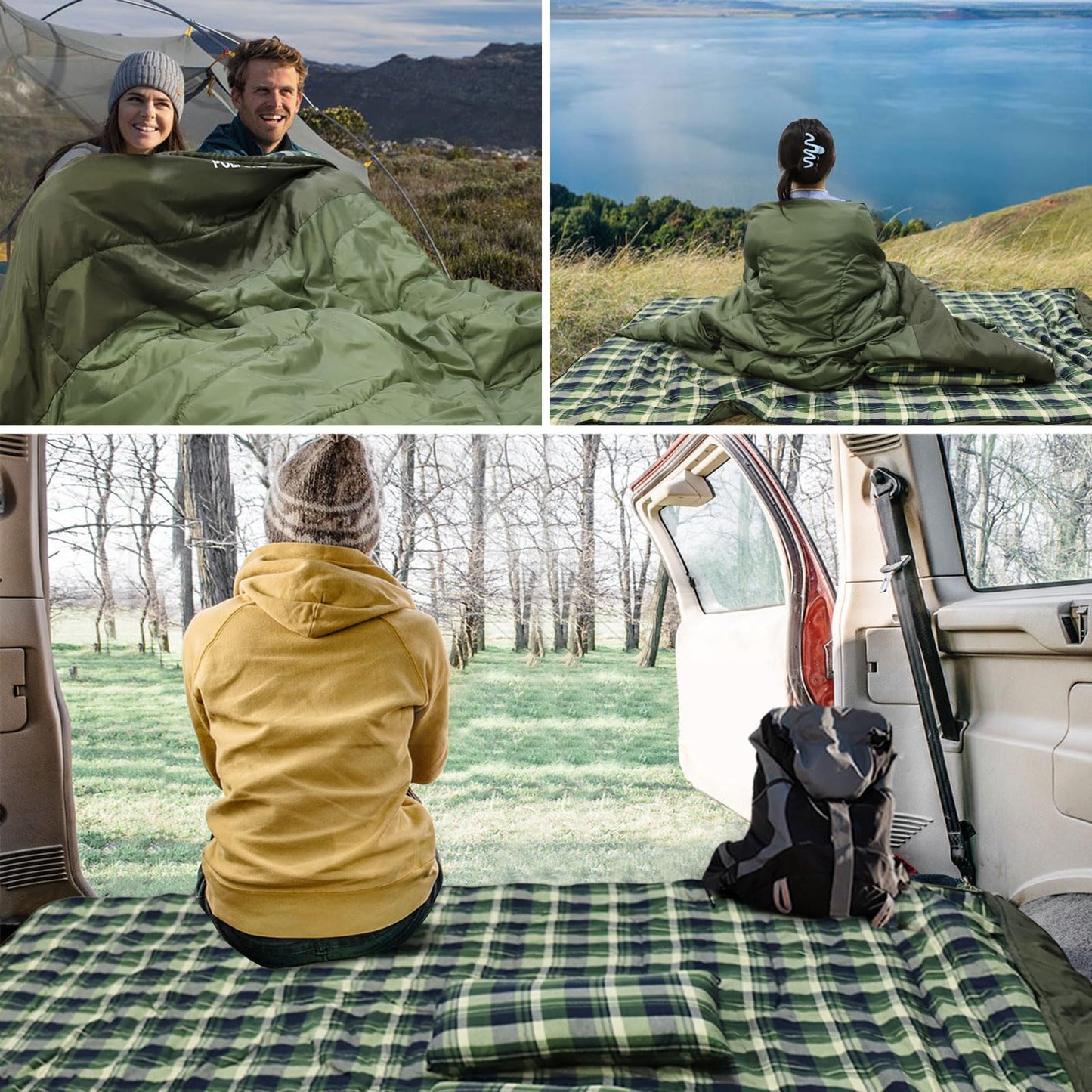 POEPORE Double Sleeping Bag Flannel for Adults with 2 Pillows 2 Person Sleeping Bags Camping XXL Queen Size Two Person Sleeping Bag for Cold Weather Green