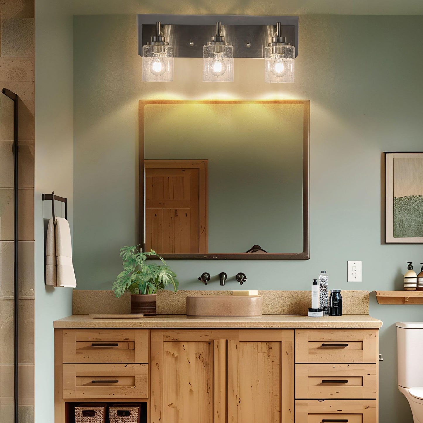 landskylite Bathroom Vanity Light Fixture, Brushed Nickel，24" 3-Light，Offset Mount, Modern Wall Sconce，Seeded Glass & Large Backplate - Farmhouse Lighting for Bathroom, Living Room, Hallway