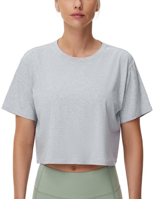 THE GYM PEOPLE Women's Workout Crop Top T-Shirt Short Sleeve Boxy Yoga Running Cropped Basic Tee Heather Grey