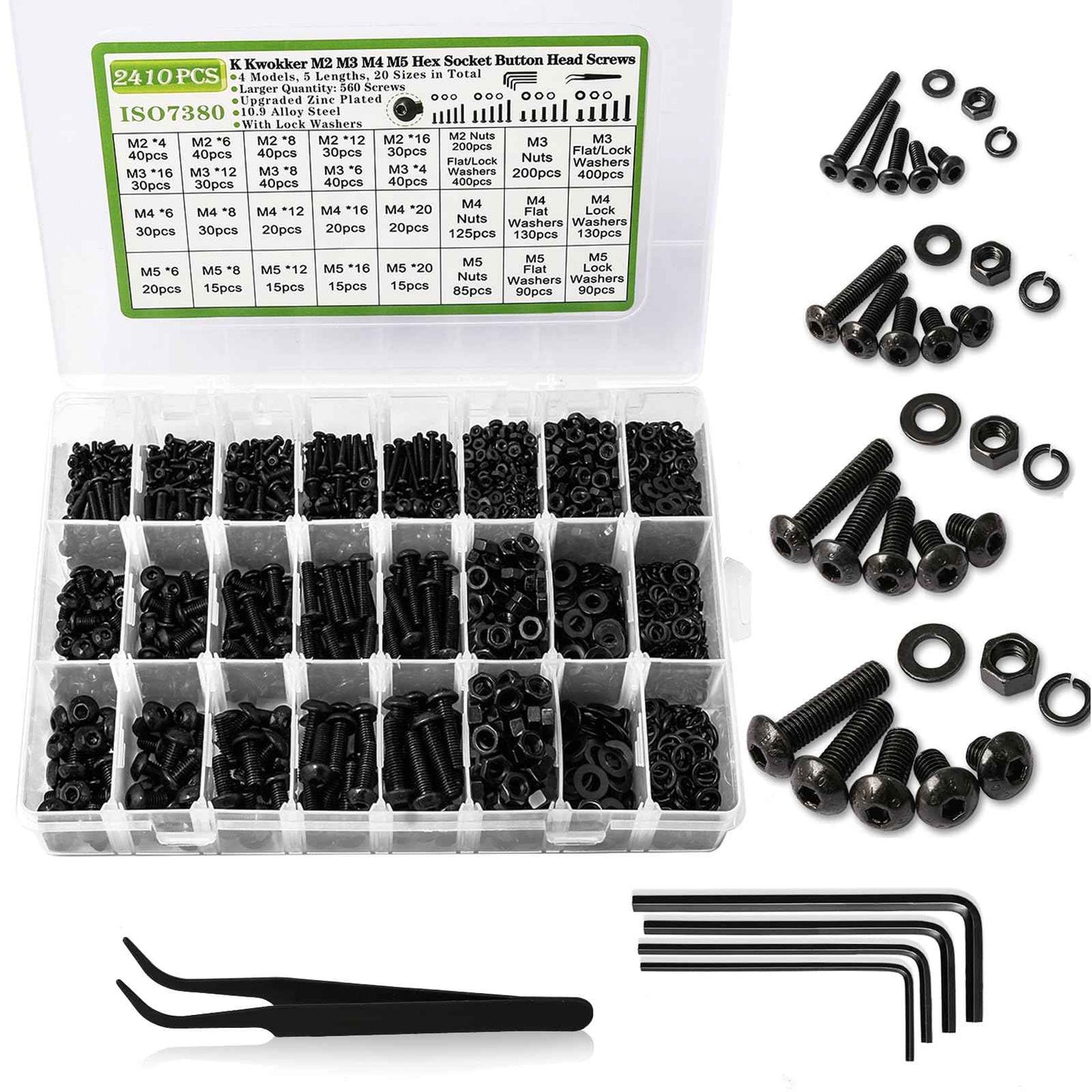 K Kwokker 2410Pcs M2 M3 M4 M5 Nuts and Bolts Assortment Kit 4MM to 20MM Upgraded Zinc Plated Hex Button Head Cap Metric Machine Screws, 10.9 Alloy Steel Bolts and Nuts Kit w/Lock Washers for Screws