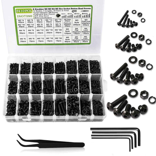 K Kwokker 2410Pcs M2 M3 M4 M5 Nuts and Bolts Assortment Kit 4MM to 20MM Upgraded Zinc Plated Hex Button Head Cap Metric Machine Screws, 10.9 Alloy Steel Bolts and Nuts Kit w/Lock Washers for Screws