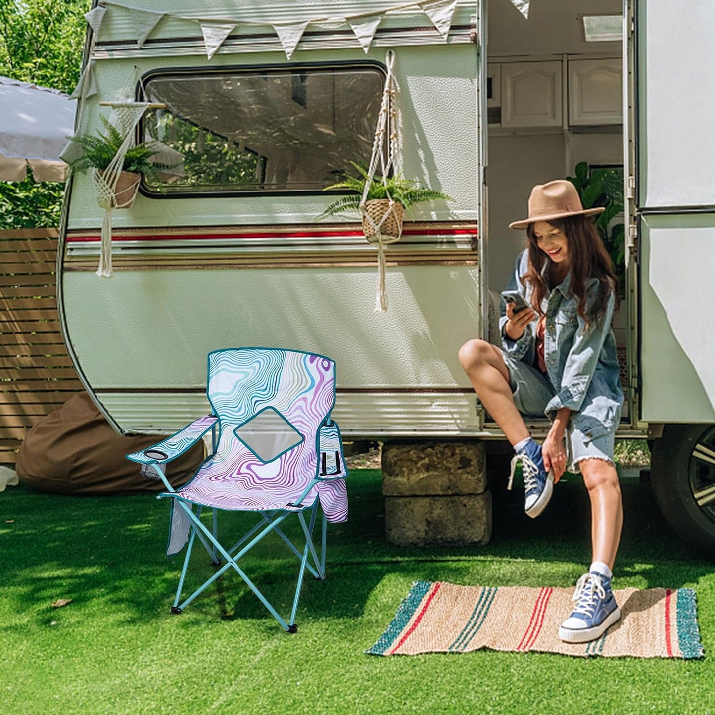 Nazhura Folding Camping Chair Set - Comfortable Mesh Backrest & Cooler Pouch | 2 Pack, Floral Design