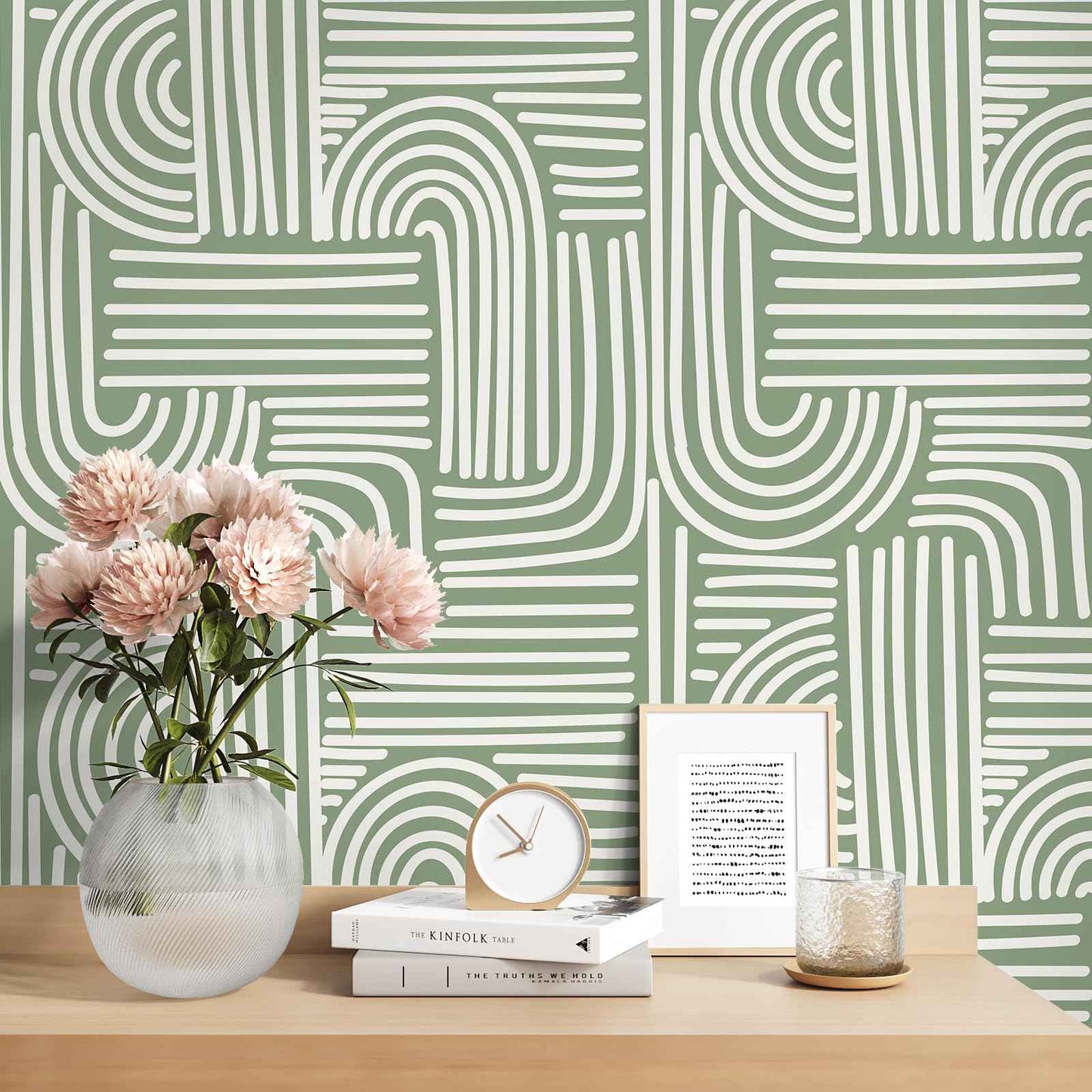VEELIKE Sage Green Geometric Peel and Stick Wallpaper Boho Abstract Geometric Wallpaper for Bedroom Bathroom Accent Wall 17.7''x118'' Removable Art Deco Wall Paper Green Contact Paper for Cabinets