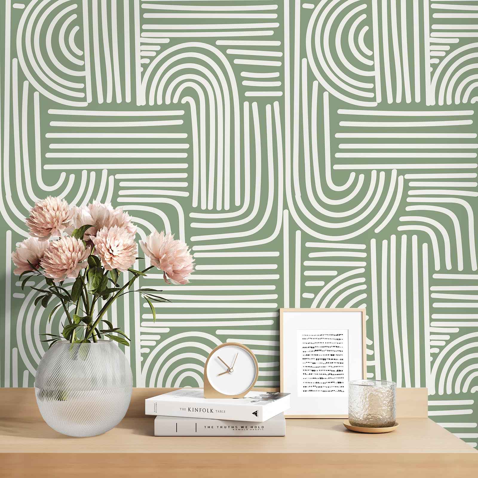 VEELIKE Sage Green Geometric Peel and Stick Wallpaper Boho Abstract Geometric Wallpaper for Bedroom Bathroom Accent Wall 17.7''x118'' Removable Art Deco Wall Paper Green Contact Paper for Cabinets