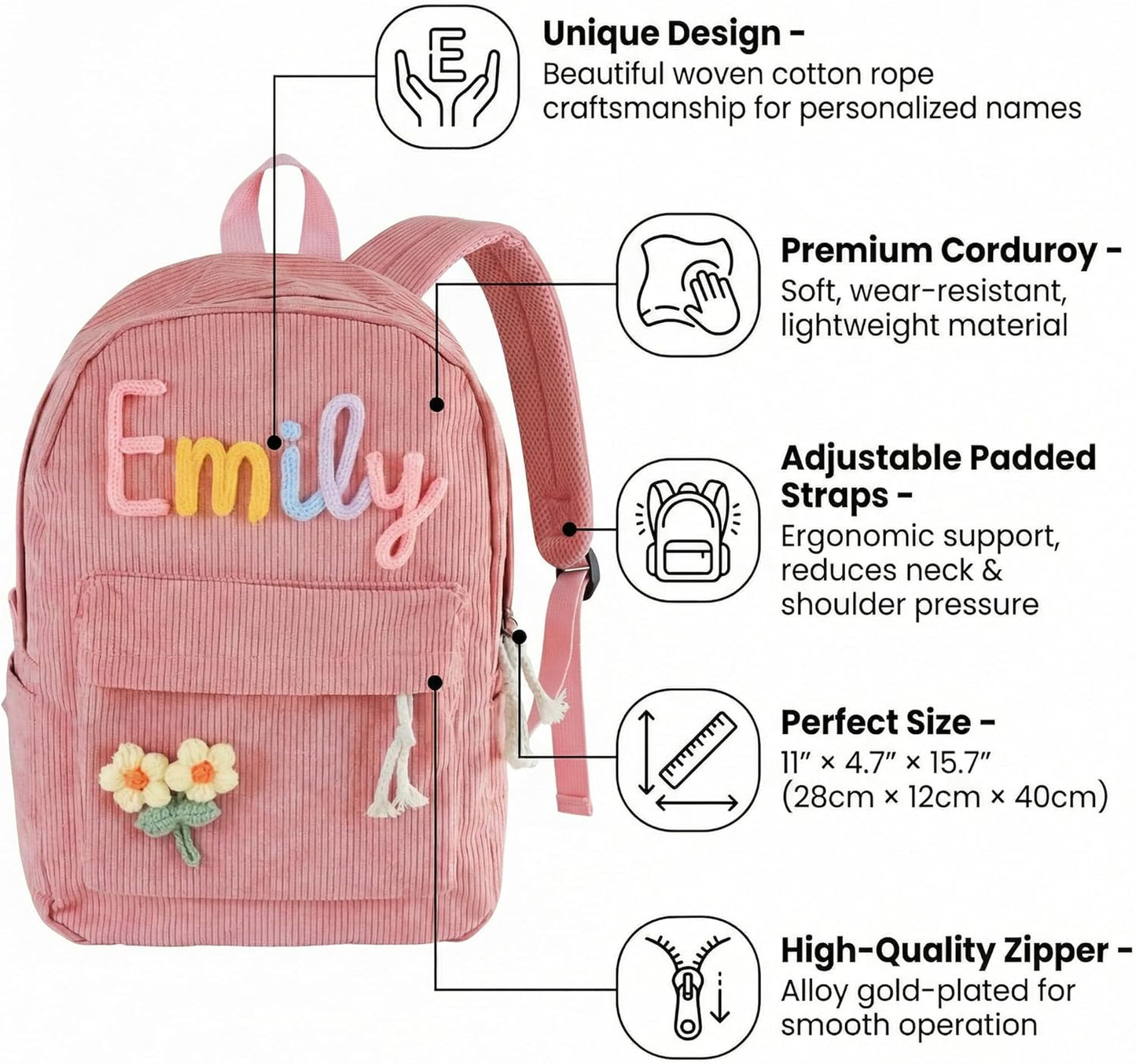 MBBEST Personalized Backpack - Custom Corduroy Daypack with Name Embroidery | Perfect Gift for Kids