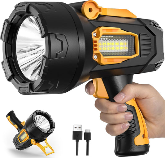90,000 Lumens Rechargeable LED Spotlight with Tripod - Super Bright Outdoor Flashlight for Camping & Boating