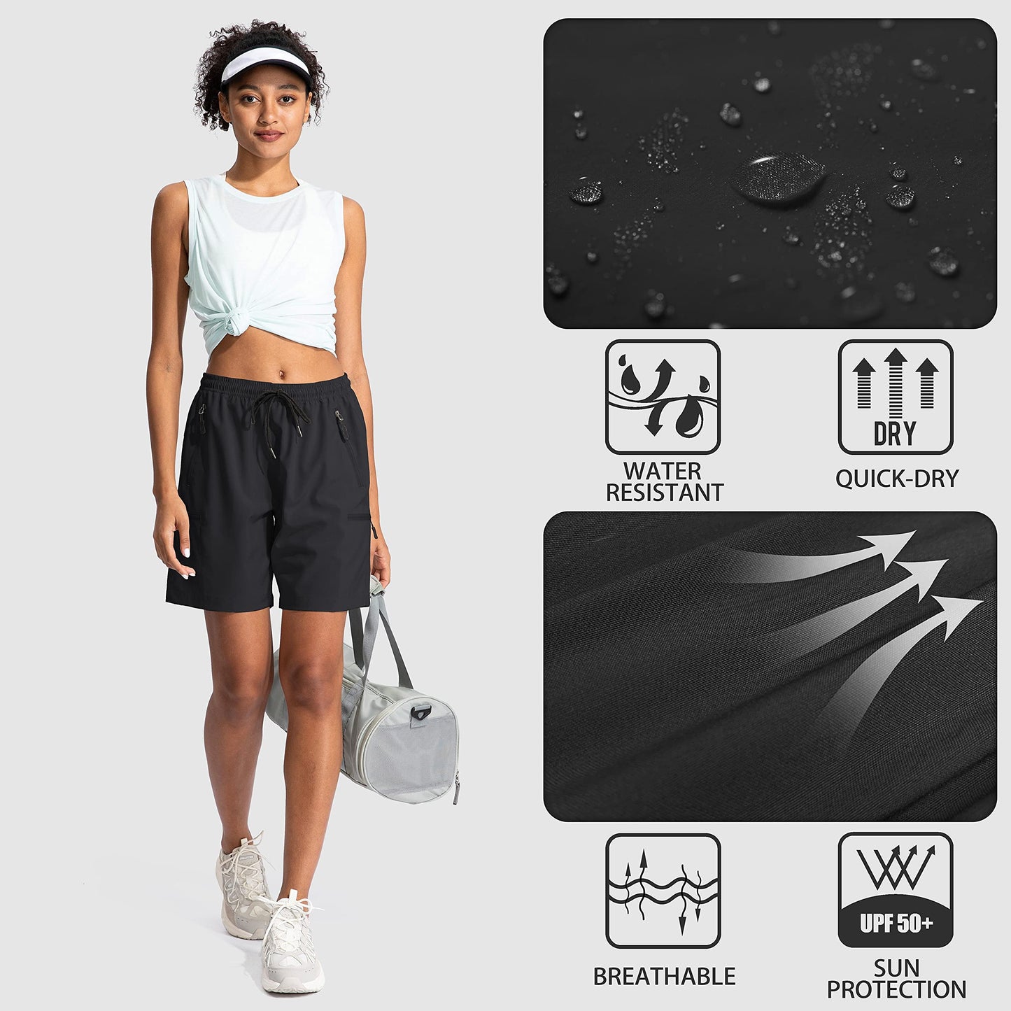 SANTINY Women's 5''/ 7''/9'' Hiking Cargo Shorts Quick Dry Lightweight Summer Shorts for Women Athletic Golf Zipper Pockets(Black_M)