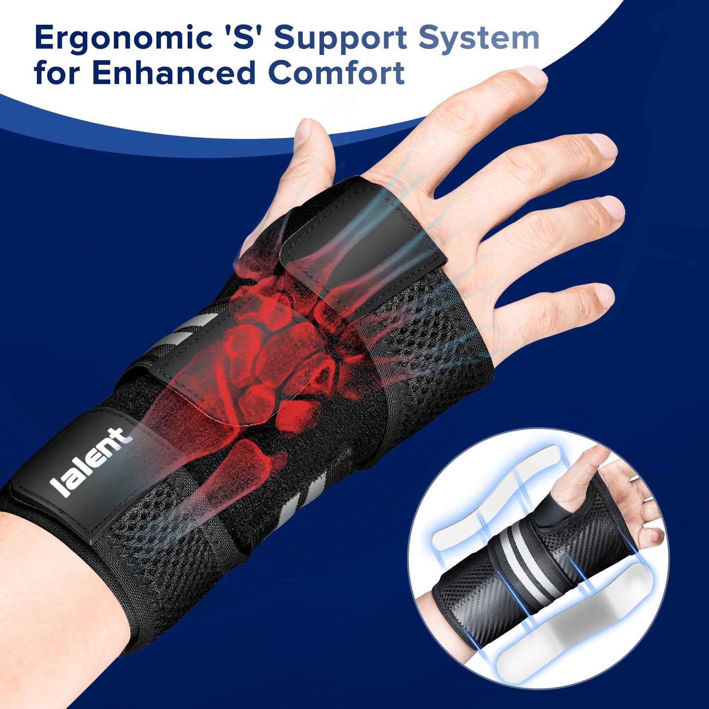 Lalent Carpal Tunnel Wrist Brace Night Support for Men Women - Adjustable Wrist Support Splint with 3 Straps, Hand Brace for Pain Relief, Tendinitis, Arthritis, Sprain (Right Hand, S/M)