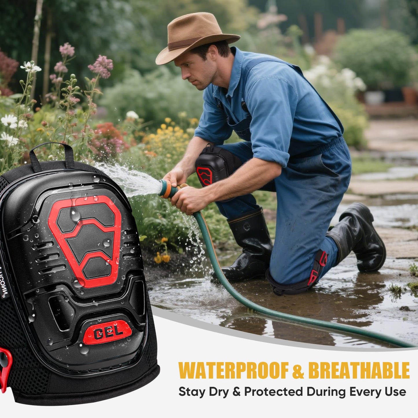 TICONN Gel Knee Pads for Work, Professional Heavy Duty Work Knee Pads for Men with Soft Foam and Gel Cushion for Men Construction, Garden, Flooring (Black/Red)