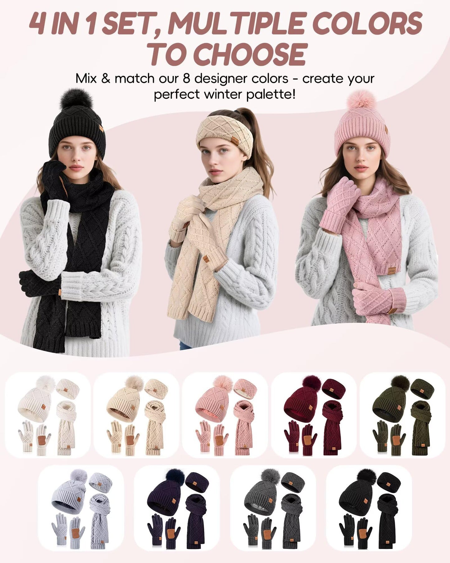 Womens Winter Hat Gloves Scarf Headband Set, Pom Pom Beanie with Fleece Lined Long Knit Neck Scarf Touchscreen Gloves Ear Warmer Headwear, 4 in 1 Warm Christmas Set for Cold Weather(Oatmeal)