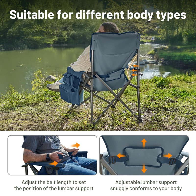 Timber Ridge Oversized Folding Camping Chair with Lumbar Support Adjustable High Back Heavy Duty for Adults Support up to 500lbs with Cup Holder, Cooler Bag, Side Pocket, Blue