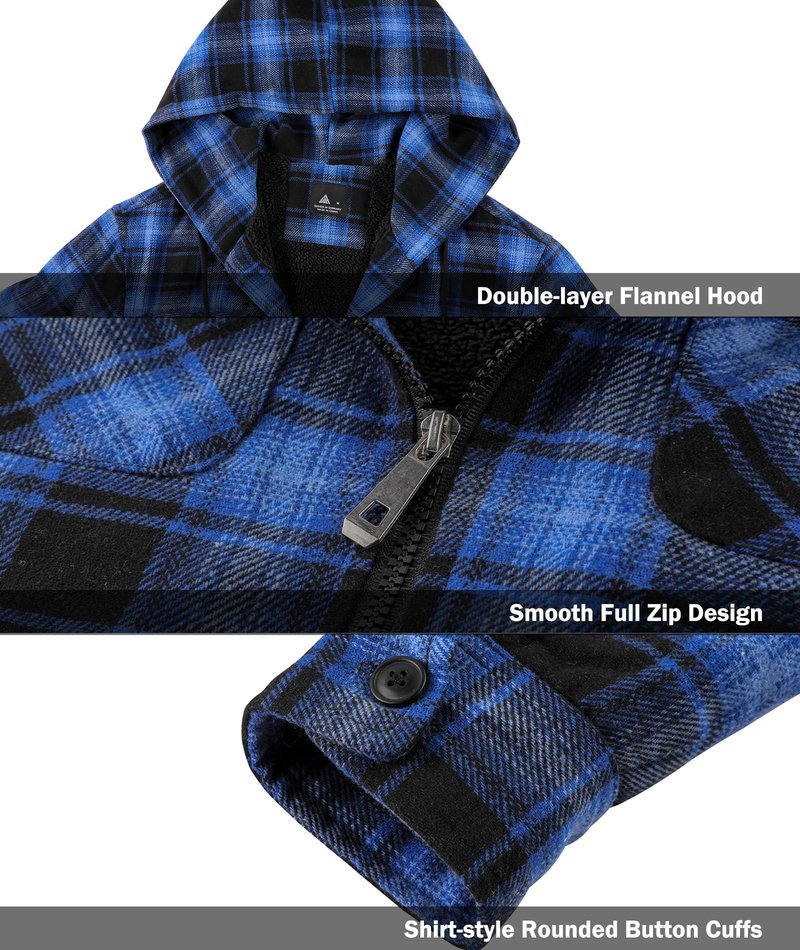 V VALANCH Men's Flannel Shirt Jacket with Hood Fleece Lined Plaid Jacket Zip Up Winter Warm Coat Black Blue XL