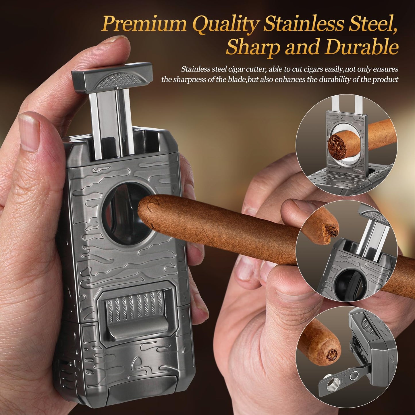 DXXULL Cigar Lighter, 7-in-1 Cigar Lighter Set: Dual-Flame Windproof, Visual Gas Window Adjustment, Built-in Dual Punch, V-Cut, Flat Cut, Cigar Holder and Smoking Set, Gift for Men (No Butane)