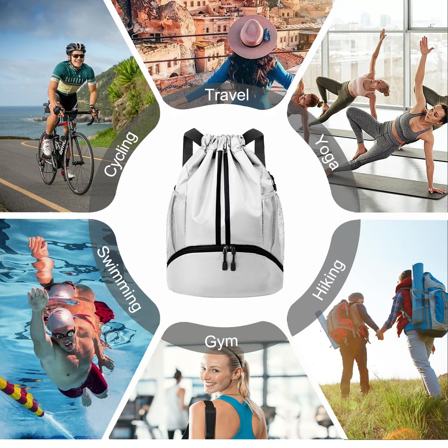 Hoedia Sports Drawstring Backpack - Swim Gym Bag for Women and Men, White