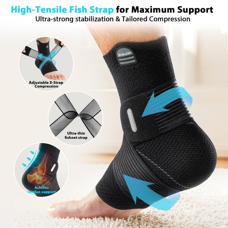 ZOELION Ankle Brace Compression Support with Removable Fishnet Strap, 3D Knit Plantar Fasciitis Relief Achilles Tendonitis Brace, Ankle Compression Sleeve for Pain Relief & Injury Healing, Black/L