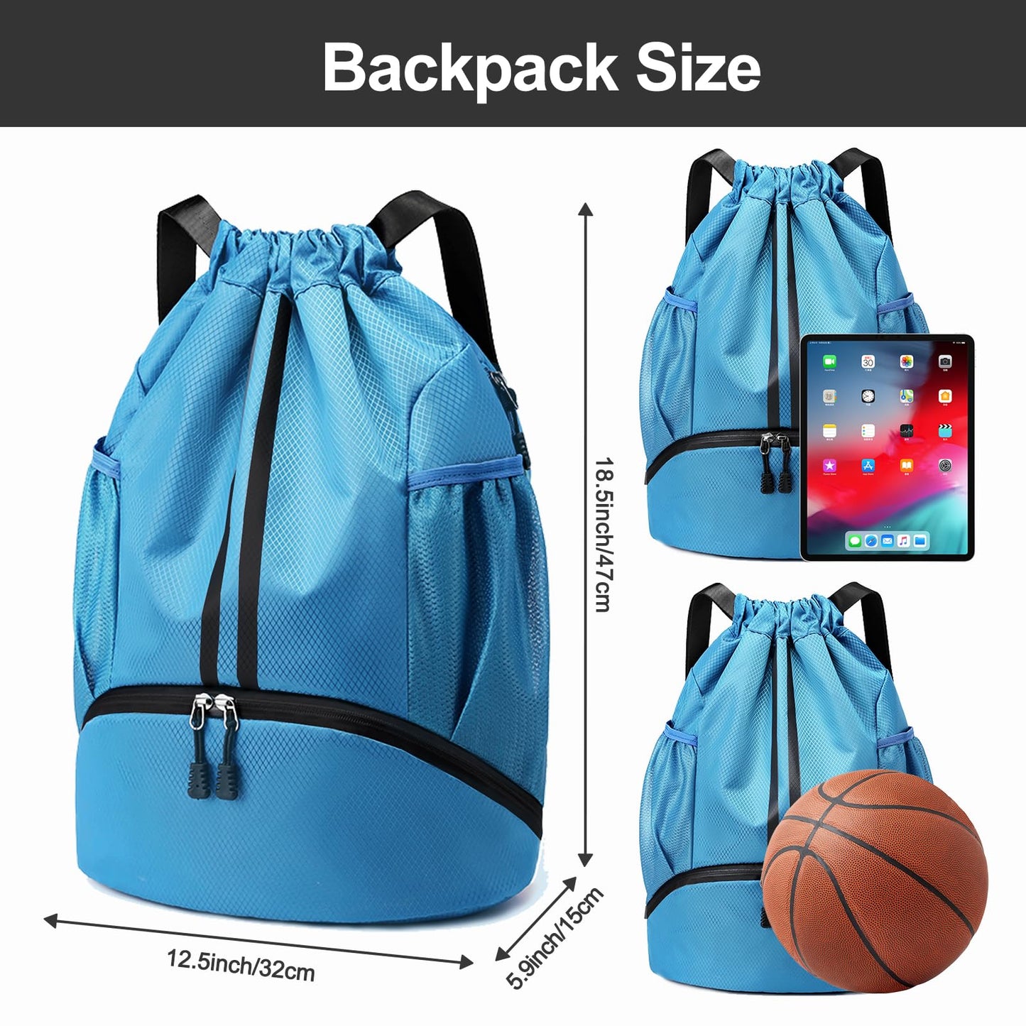 Sports Drawstring Backpack - Swim Gym Bag for Women and Men, Sky Blue