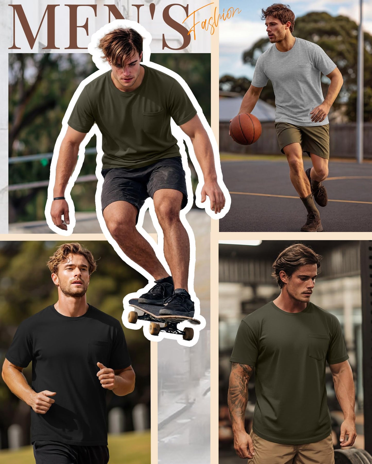 Ficerd 3 Pack Men's Big and Tall T-Shirt, Short Sleeve Pocket Basic Tee Crew Neck Lightweight Tops Solid Loose Fit Shirts(Black, Army Green, Light Mixed Gray,X-Large)