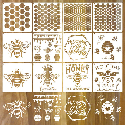 12 Pieces Bee Stencils for Painting on Wood, Honeycomb Hexagon Theme Reusable Stencils, Honey Drawing Template for DIY Scrapbooking Furniture Canvas Wall Floor Decor (5.9 x 5.9 Inch)