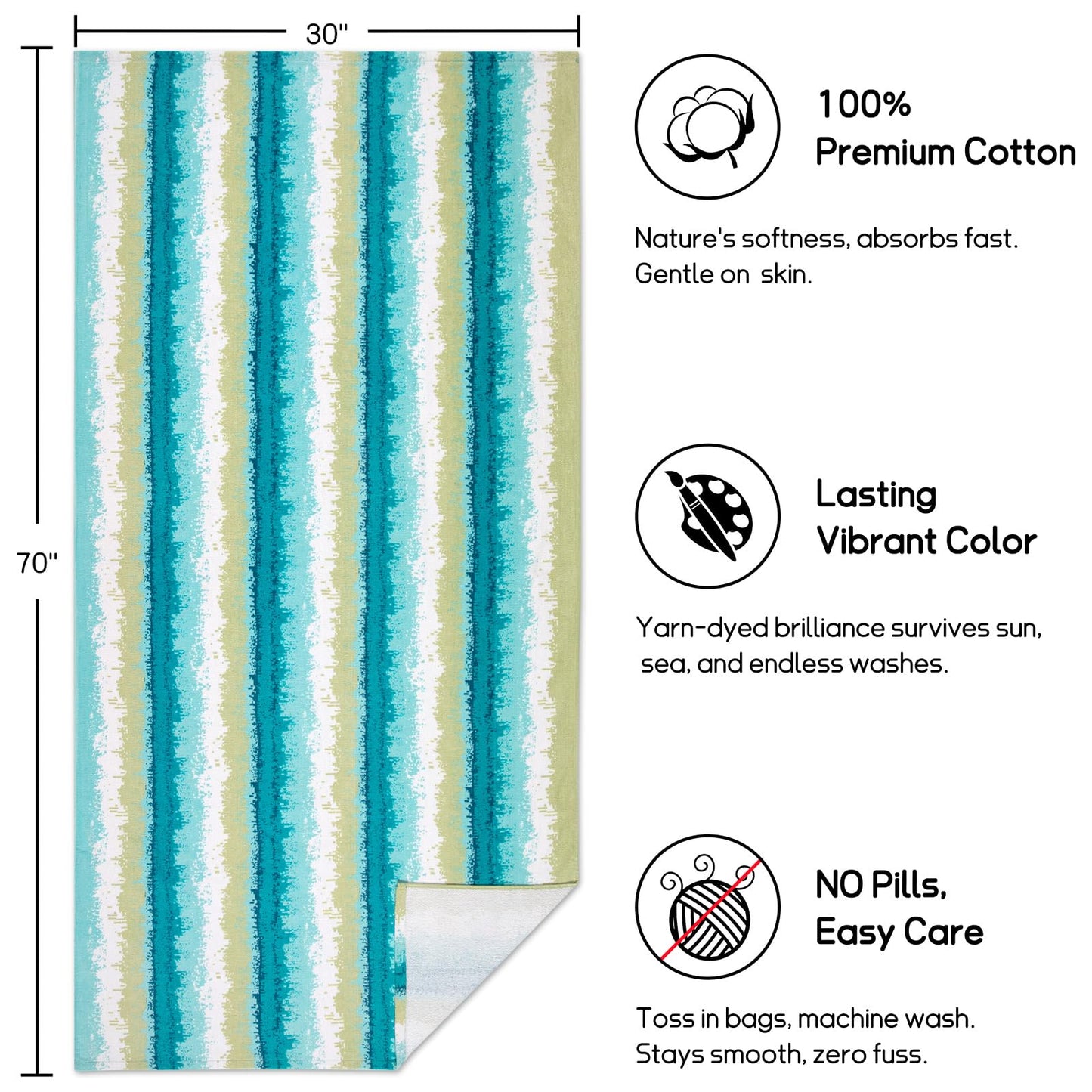 cabanana Large Beach Towel Oversized - 35 x 70 Inch Cotton Pool Towel, Soft Thin Velour Swim Towel for Adults (Coast Green)