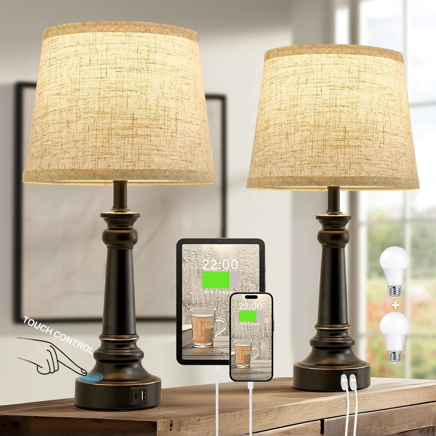 Touch Bedside Table Lamps Set of 2 with USB C+A Ports - 3-Way Dimmable Linen Shade
