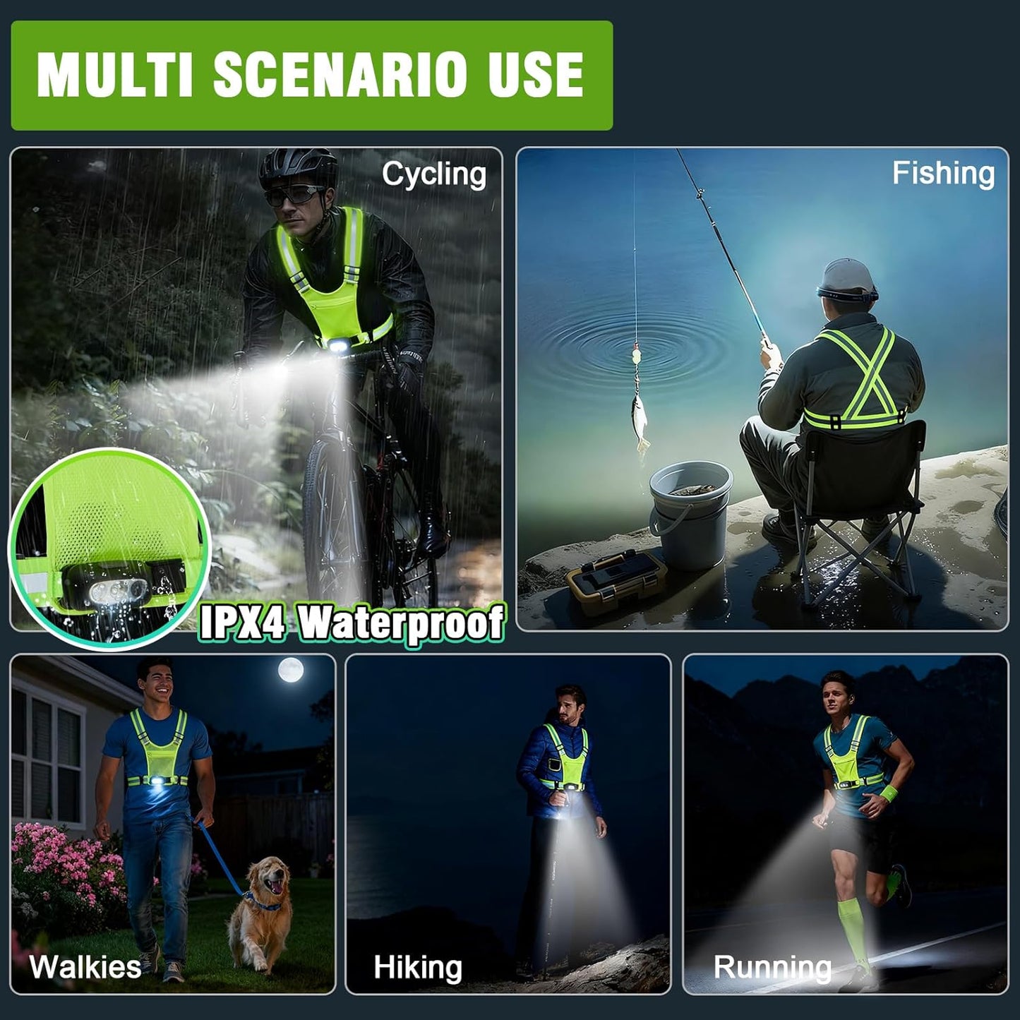Skiennix Reflective Running Vest - 3-Mode Motion Sensor Lights | 360° Visibility & Storage Pocket (Green)