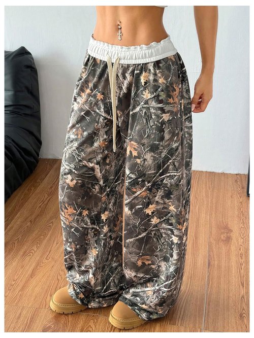 SOLY HUX Women's Camo Pants Wide Leg Baggy Sweatpants Elastic Waist Drawstring Loose Pants Trendy Y2K Drawstring Trousers Green Camo Small