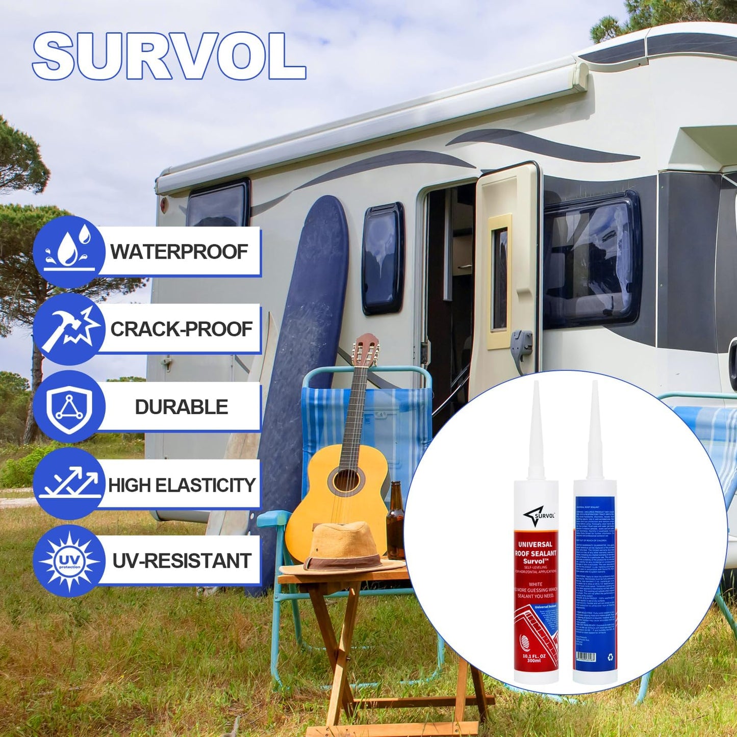 SURVOL RV Roof Sealant, Self-Leveling Lap Sealant - White, 2-Pack, Window, Skylight & Camper Repair, Vertical Surface Caulking