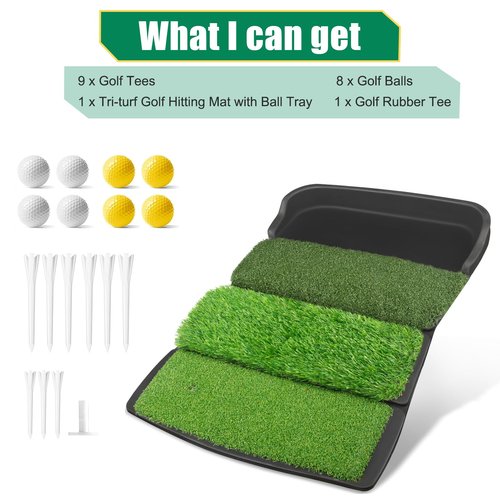 Golfguru Golf Mat, Foldable 4-in-1 Practice Mat with Ball Tray, 8 Golf Balls, 9 Tees, Rubber Tee, Indoor/Outdoor Training