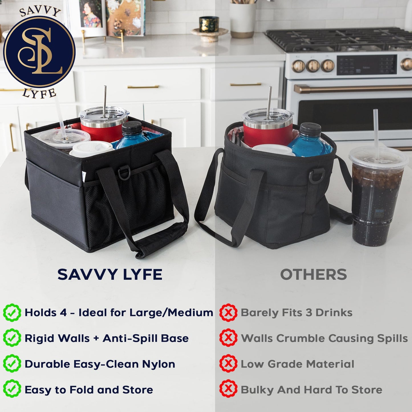 Savvy Lyfe Reusable Drink Carrier with Handle – Tip-Resistant 4 Cup Carrier with Shoulder Strap for Delivery – Insulated, Foldable, Adjustable Dividers – Portable Caddy Tote Bag, Drink Holder for Car