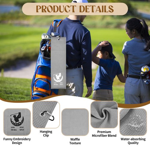 2 Pack Microfiber Golf Towels with Carabiner Clip, 24"*16" Tri-fold , Funny Embroidered Waffle Pattern Golf Cleaning Towel for Bags to Clean Ball and Club, Quickly Remove Sand, Mud, Dirt and Sweat