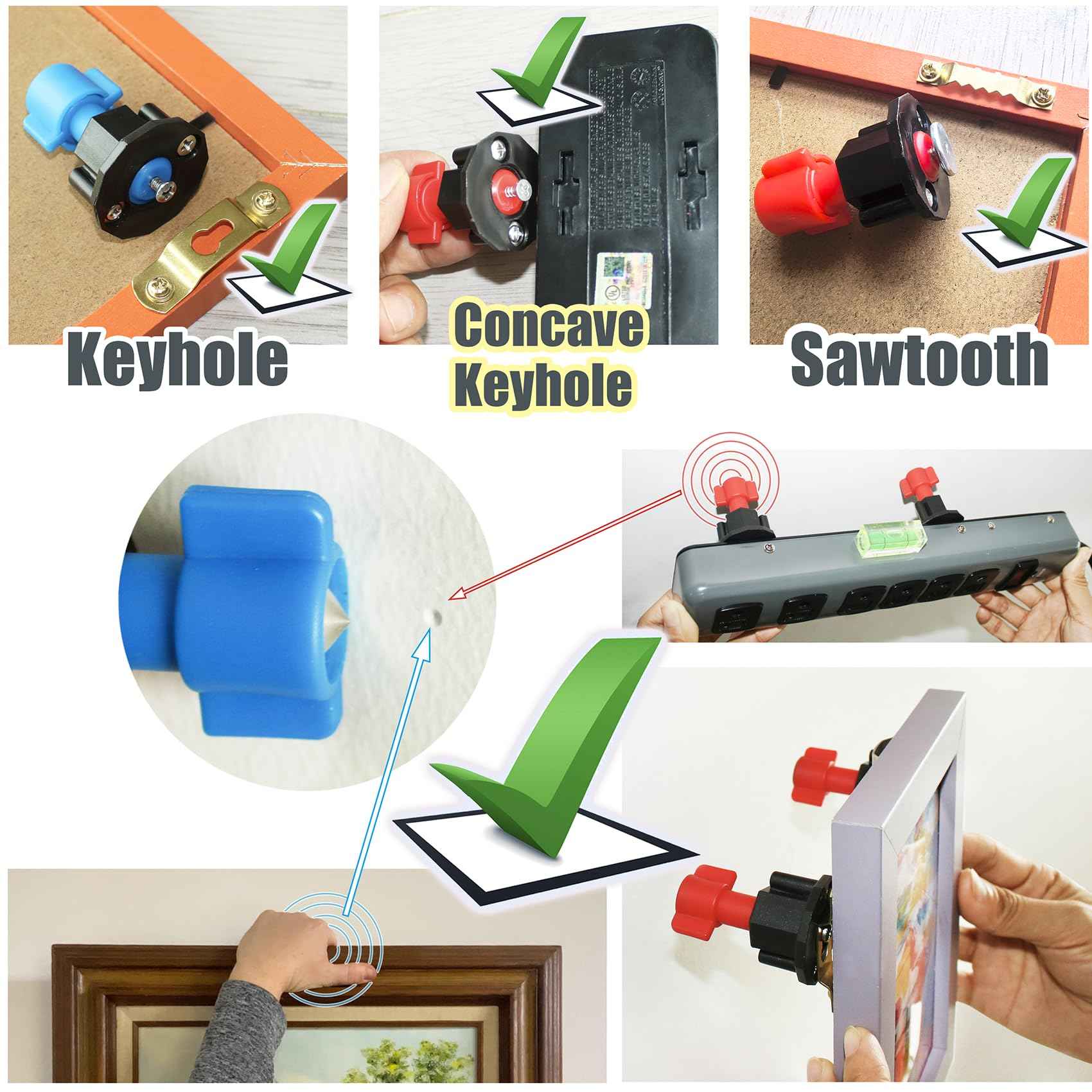Keyhole Marker, All-in-One Picture Hanging Kit with Level, Center Punch, Screwdriver, Push-Pin Hangers, Easy-Hang No-Measure Tool for Wall Art, Photo Frames, Canvas, Sawtooth, Keyhole, Wire, D-Ring
