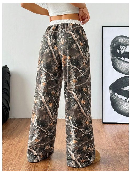 SOLY HUX Women's Camo Pants Wide Leg Baggy Sweatpants Elastic Waist Drawstring Loose Pants Trendy Y2K Drawstring Trousers Green Camo Small