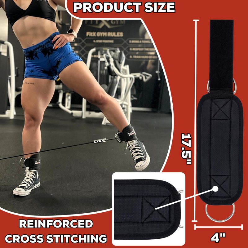 Elite Athletics Ankle Strap for Cable Machine, Gym Ankle Cuff for Cable Kickback, plus Wrist Lifting Straps for Weightlifting, Deadlift and Carry Bag (Black)