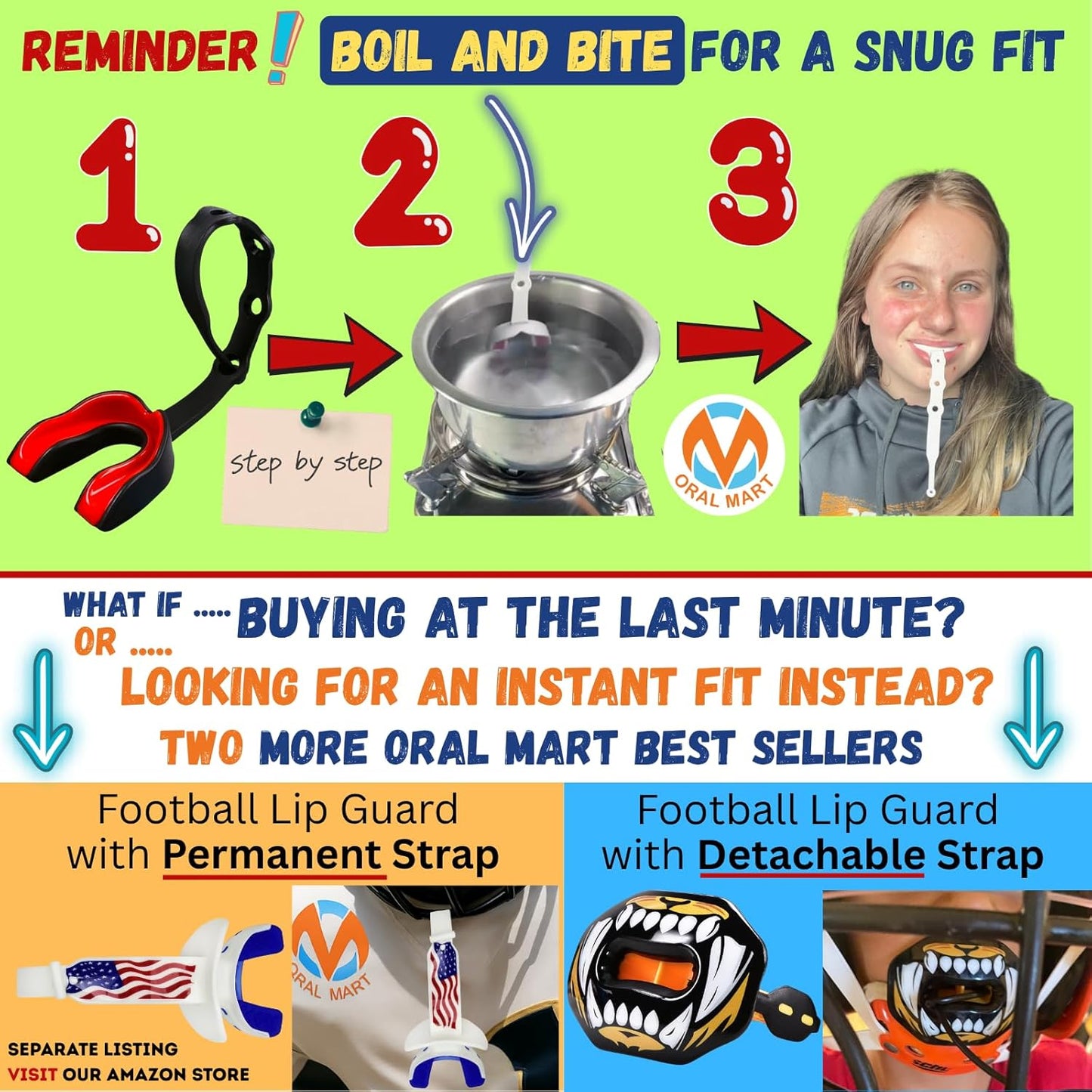 Oral Mart Strapped Mouth Guard - USA Flag Design | Ideal for Football, Lacrosse, Ice Hockey & Taekwondo - Youth & Adult Sizes Available