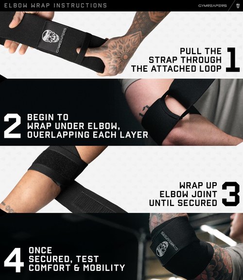 Gymreapers Weightlifting Elbow Wraps (1 Pair) - Flexible 40'' Elbow Compression Strap & Joint Support Brace - For Bench Press, Powerlifting, and Pressing (Black)