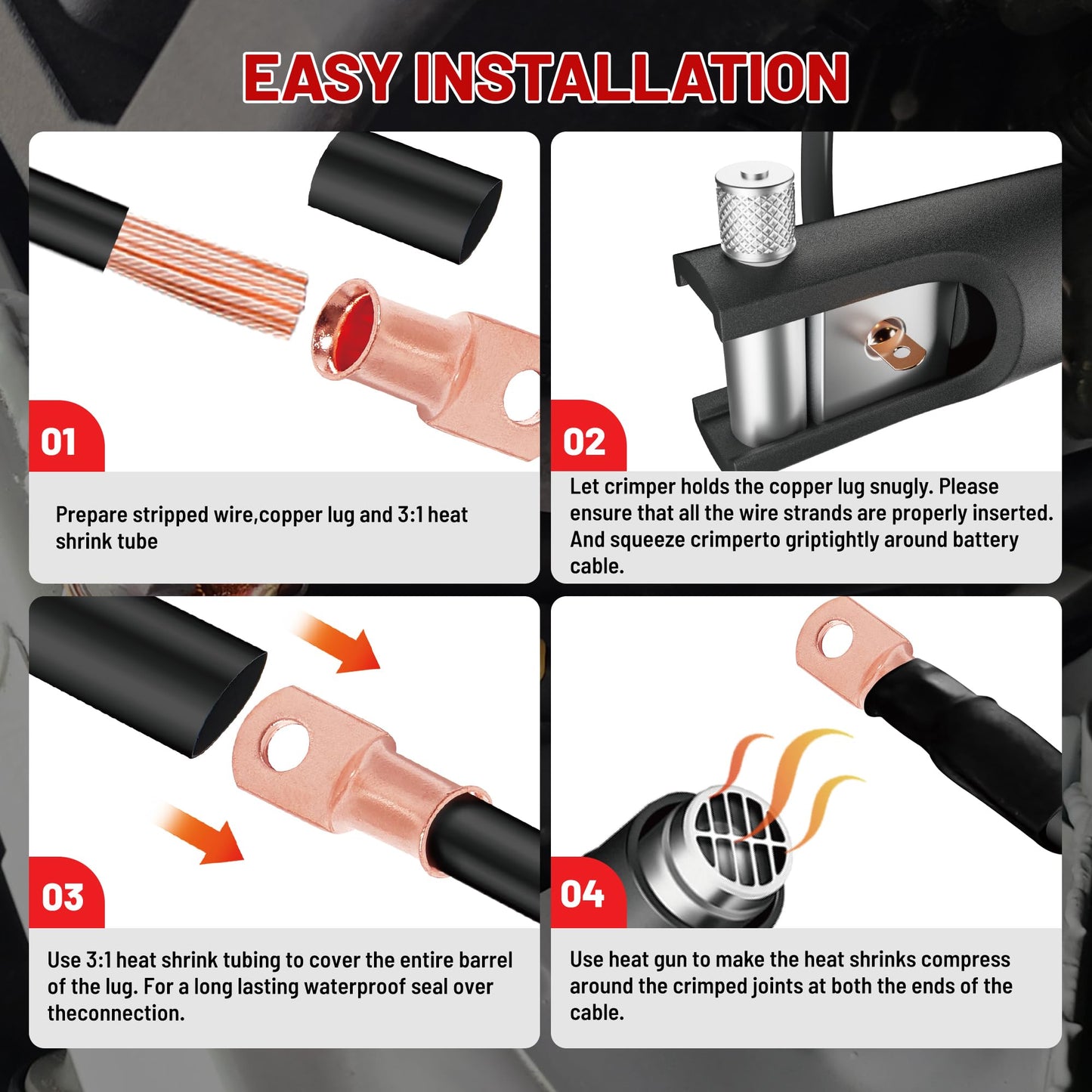 RED WOLF 8 AWG 1/4" Battery Cable Lug 12 PCS w/3:1 Heat Shrink Tubing for Wiring Insulation Black Red 12 PCS for Automotive Electrical 8 Gauge Wire Copper Lug Marine Grade M6 Ring Terminal Ends