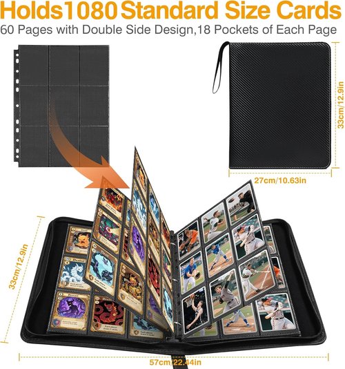 1080 Pockets Black Trading Card Sleeves by [Brand Name] - Double-Sided, Thickened Page Protectors for MTG, Yu-Gi-Oh!, Baseball Cards | 60 Pack