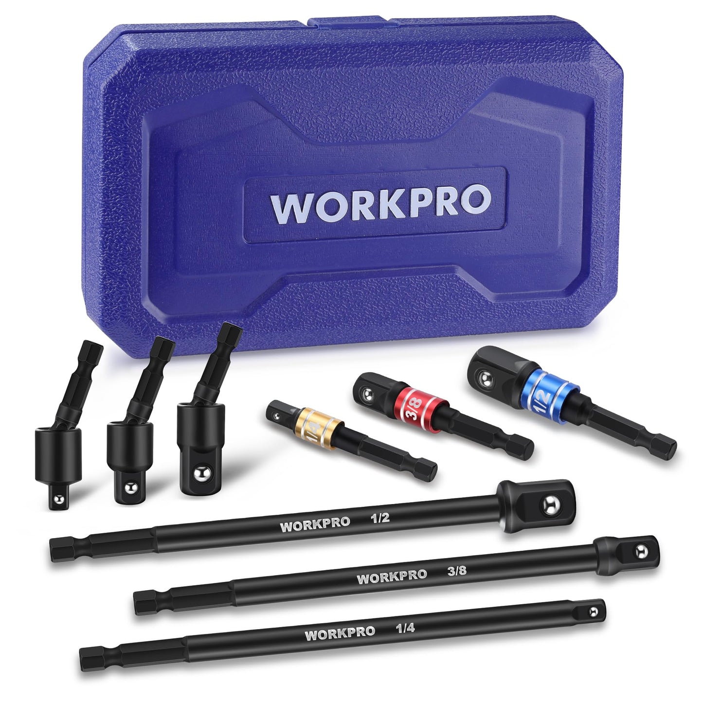 WORKPRO Impact Grade Socket Adapter Set (Basic/Swivel/Long), 1/4", 3/8", & 1/2" Drive, Extension Driver Bit With Case, for Power Drill to High Torque Impact Wrench, 9PCS