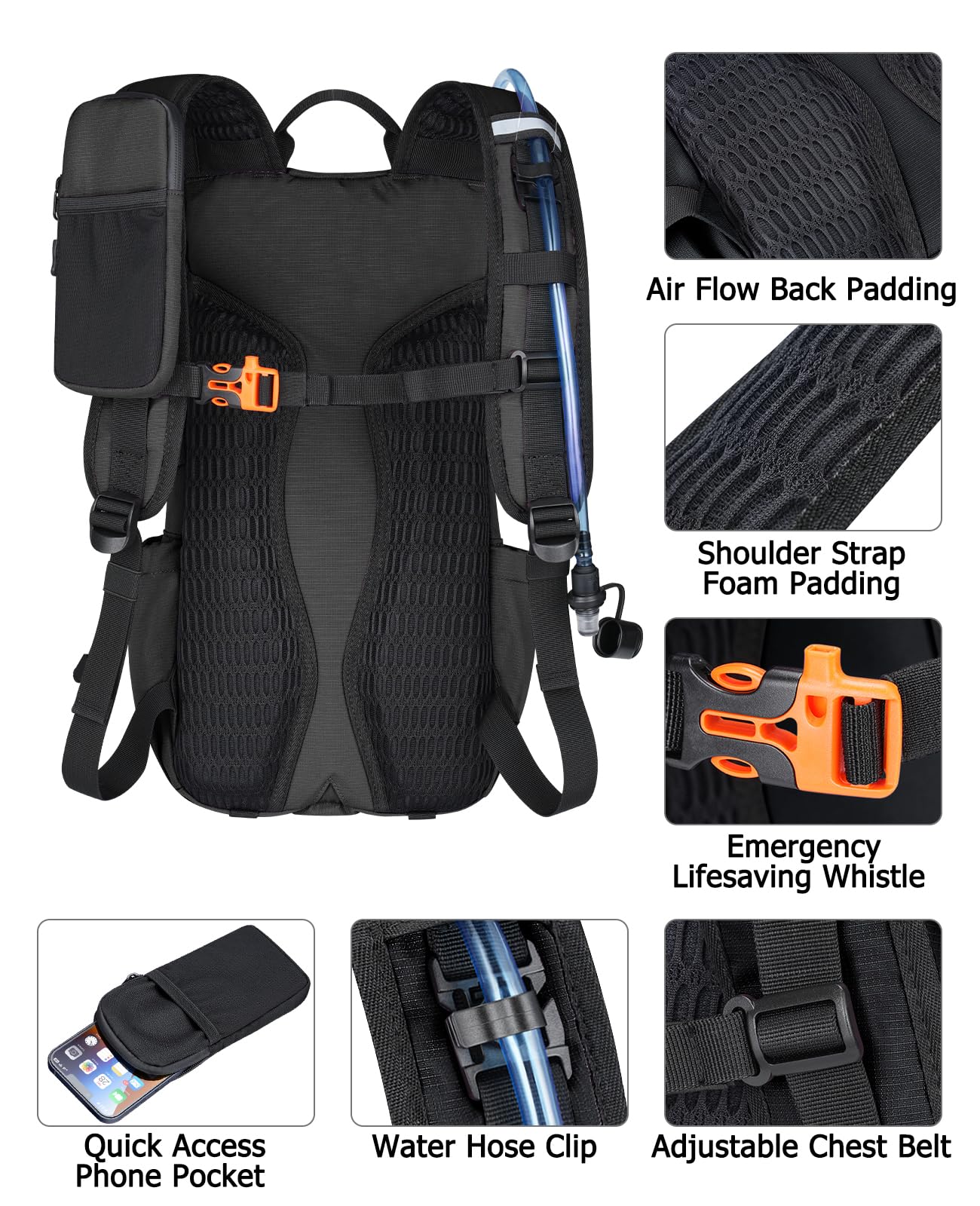 NOOLA Hydration Backpack with 3L Water Bladder - 22L Water Backpack for Hiking, Cycling, Running, Biking - Lightweight Hiking Pack Bag with Rain Cover, Phone Holder and Trekking Pole Holders, Black