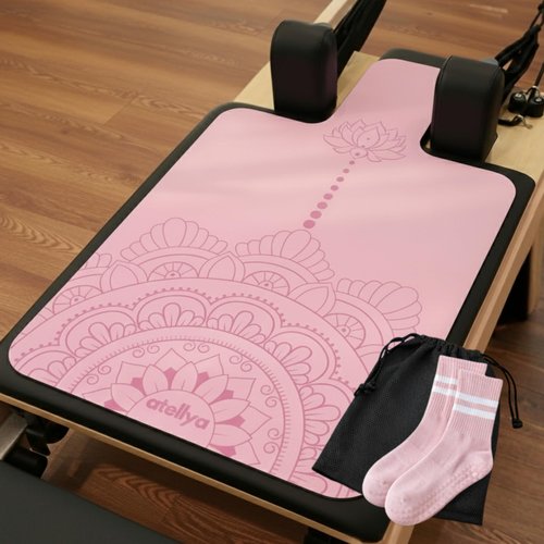 Atellya Pilates Reformer Mat With Grip Socks Women And Mesh Bag Bundle, Cover For Reformer, Non Slip Reformer Towel, Workout Mat For Yoga Socks With Grips Non Slip Pilates Mat (Pink)