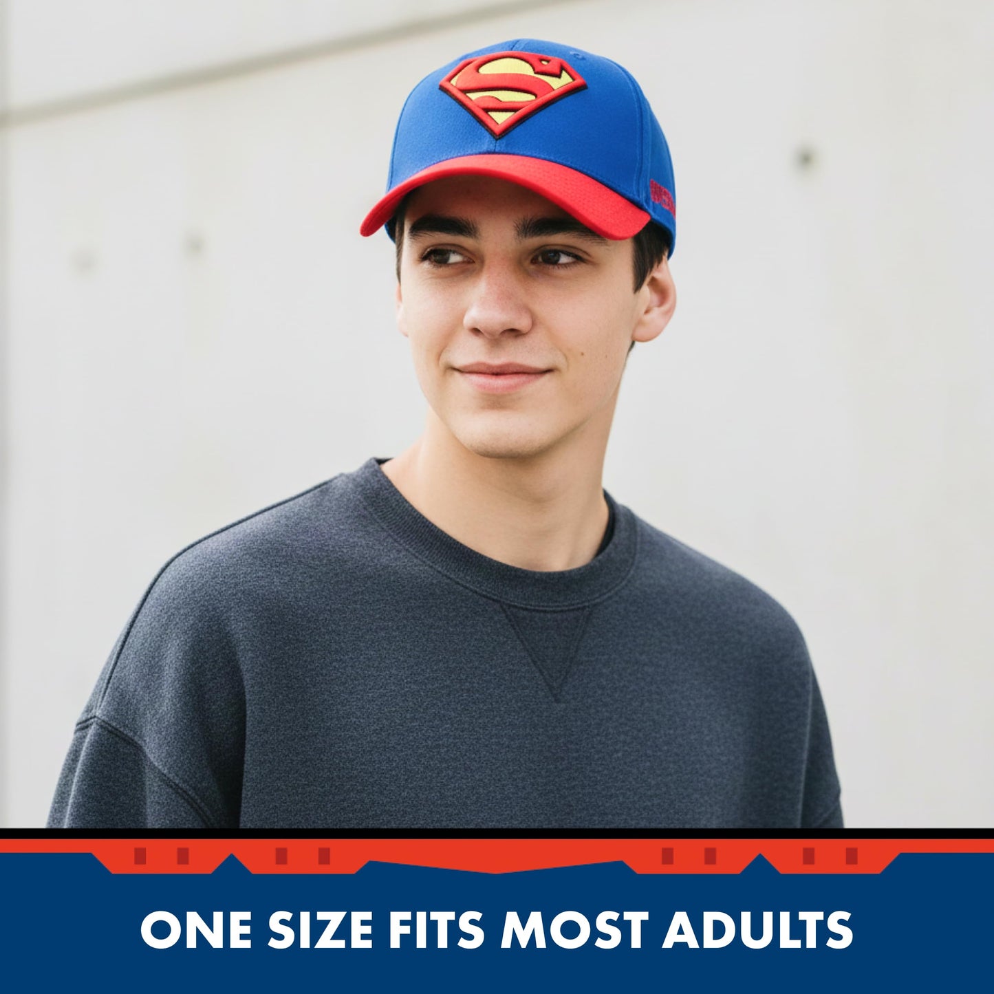 DC Comics Superman Baseball Cap, Adult Adjustable Snapback Hat with Flat Brim for Men and Women, Embroidered Logo, Navy, One Size