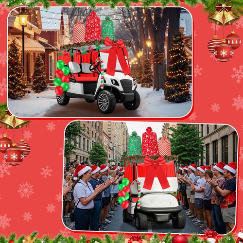 Soulchen 71 Pcs Christmas Golf Cart Decorations Xmas Gift Themed Decor Kit Jumbo Plastic Christmas Drawstring Gift Bags Balloons Tinsel Garlands Glitter Elk Banner Giant Bow for Golf Cart Supplies