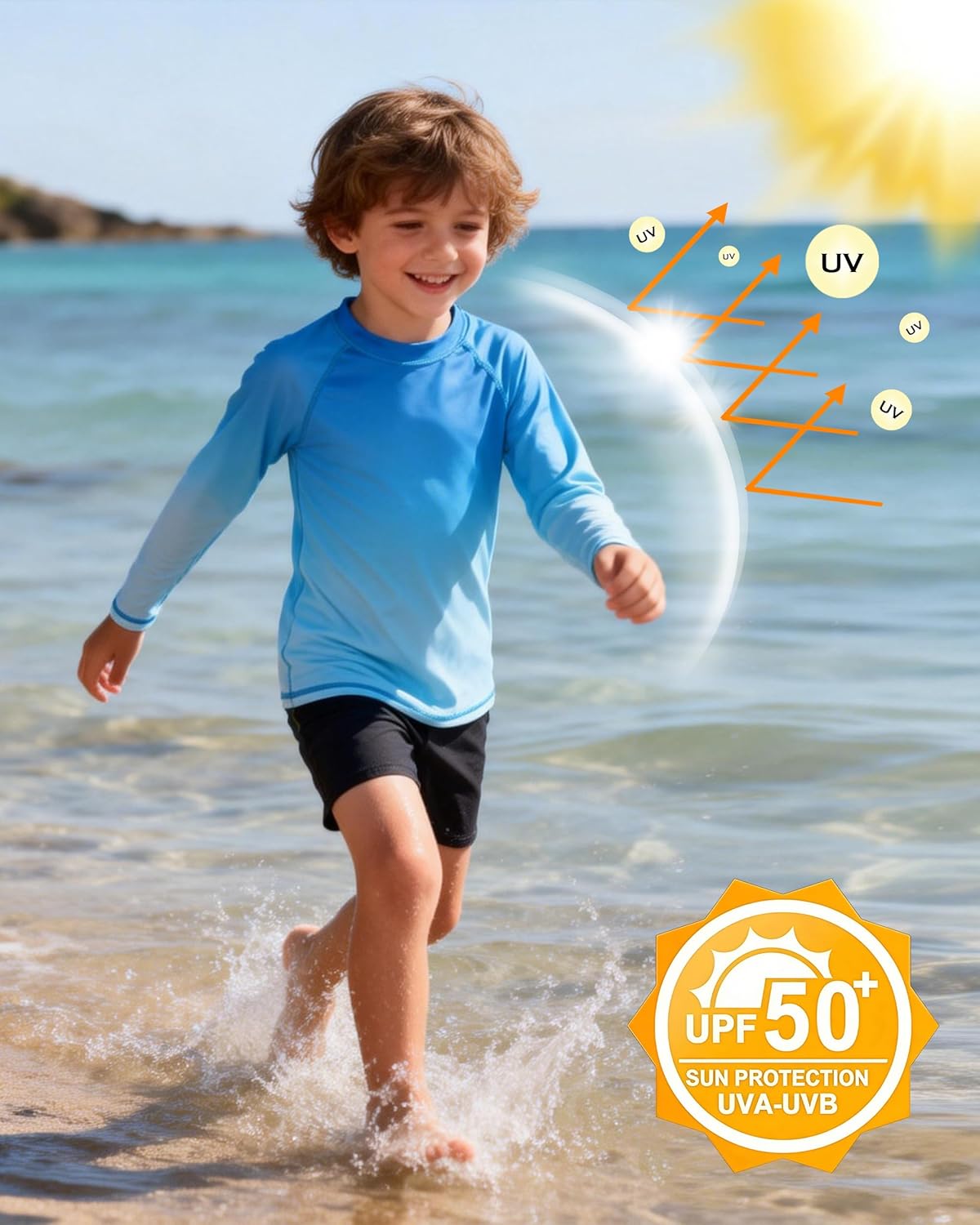 Skiennix Boys' Long Sleeve Rash Guard - UPF 50+ UV Protection Swim Shirt for Beach & Surf
